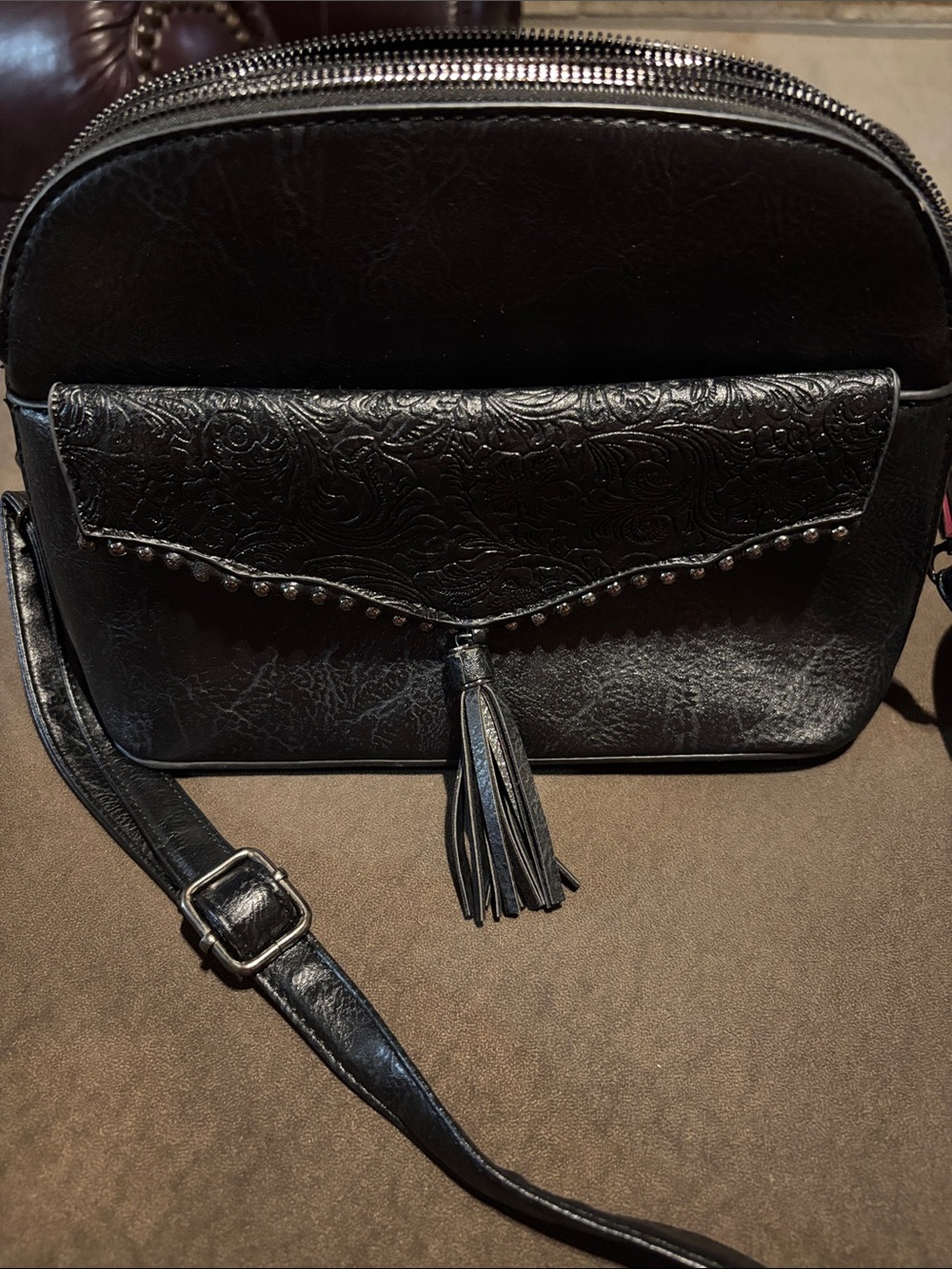 Black Embossed Tassel Crossbody Bag with Stud Detail